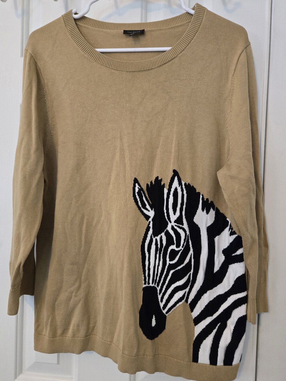 Talbots Tan Crewneck Sweater Black & White Zebra 3/4 Sleeves Soft Size XL